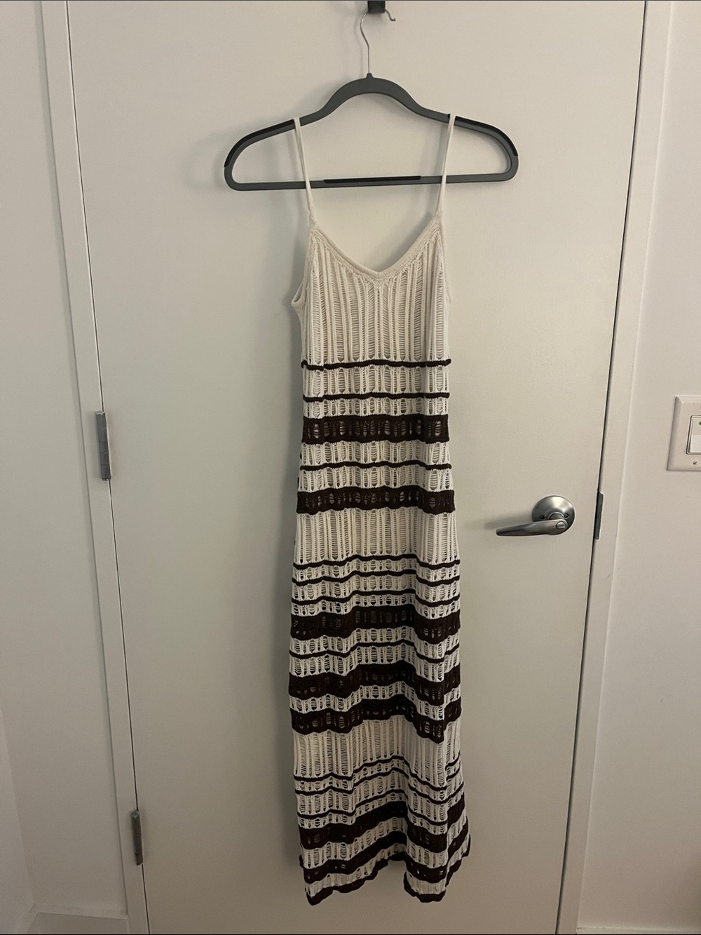 White and Brown Striped Crochet Maxi Dress - Women